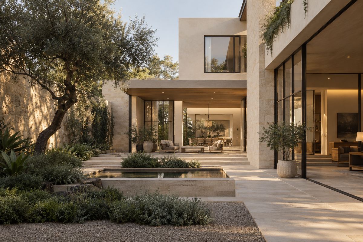 Visualización conceptual de una residencia con patio, piedra natural y luz cálida
